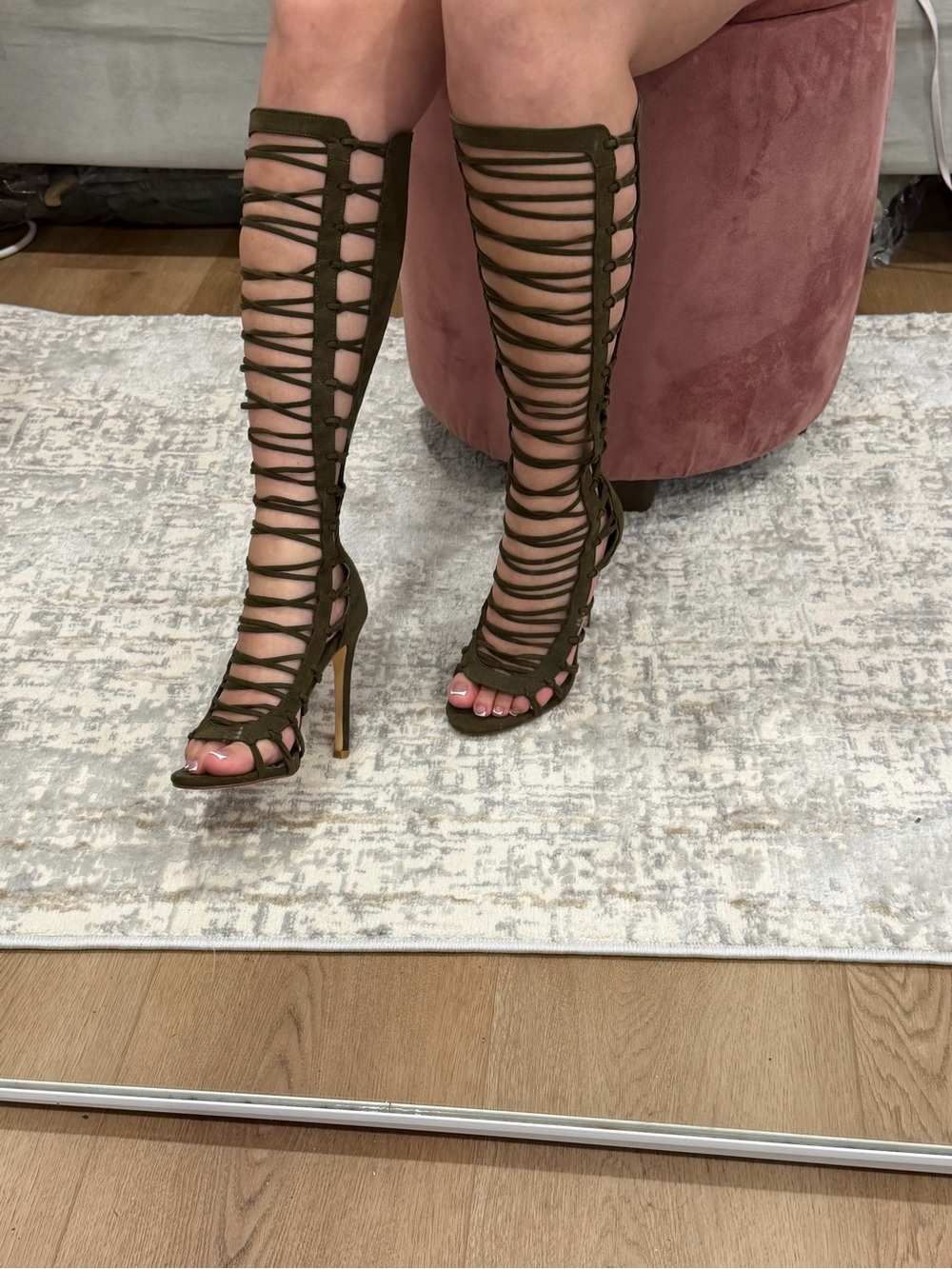Over-the-Knee Strappy Gladiator Heels in Olive Green